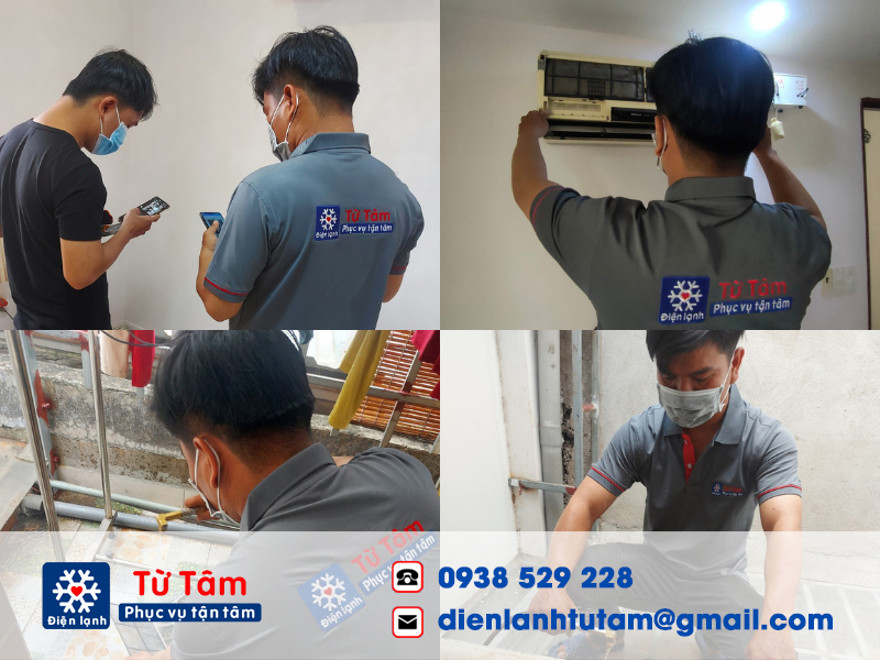 Kỹ thuật viên của Điện lạnh Từ Tâm đang tiến hành vệ sinh máy lạnh Electrolux định kỳ cho khách hàng